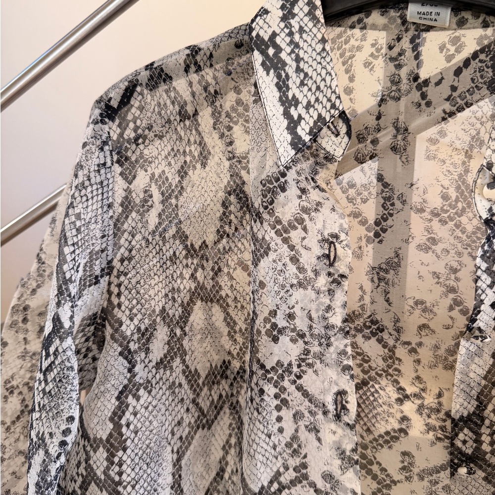 Vintage 90’s Emanuel Ungaro Sheer Snake-Print Button-Down Blouse - White & Black - Picture 6 of 14